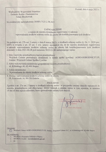Zaświadczenie ŚOR - Agro-ogrodniczy.pl